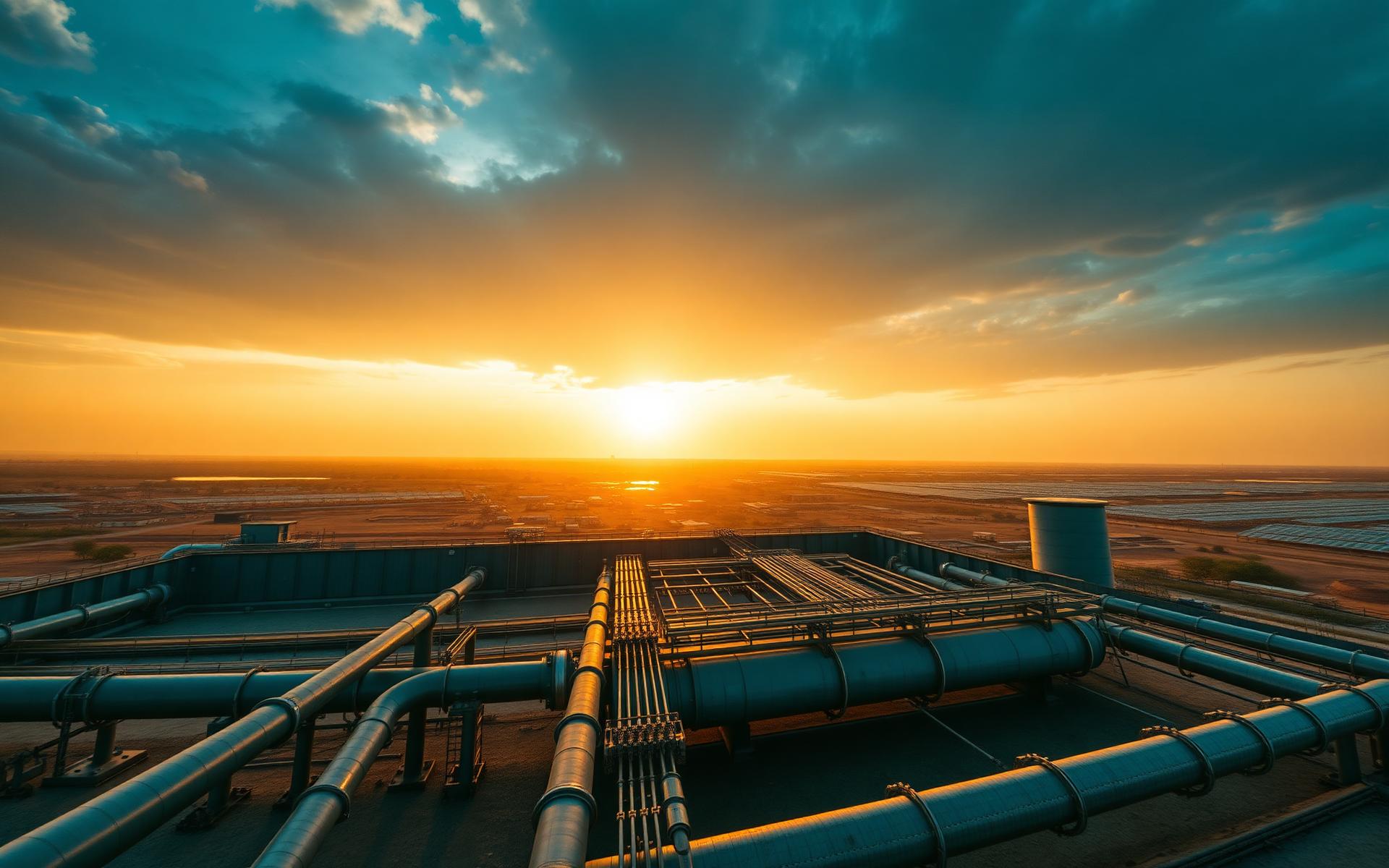 Water treatment infrastructure at sunset